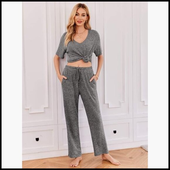 Ribbed Knit Lounge Set Short Sleeve V-Neck Top Long Pants Pajama - Picture 3 of 7